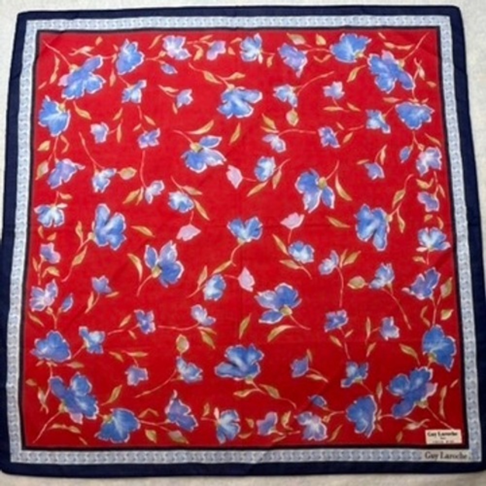 Vtg GUY LAROCHE Scarf Handkerchief Floral Cotton Red Blue 18"